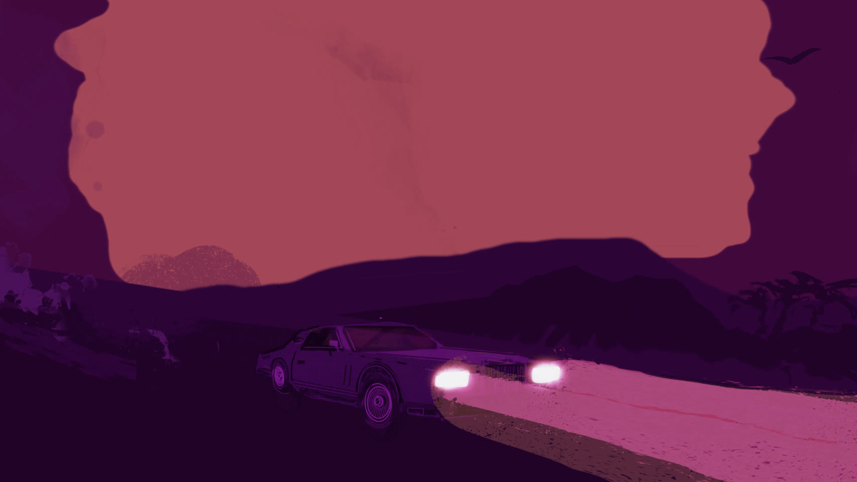Yellow Gold Diamond Fire, the car on the ridge road under a coral sky