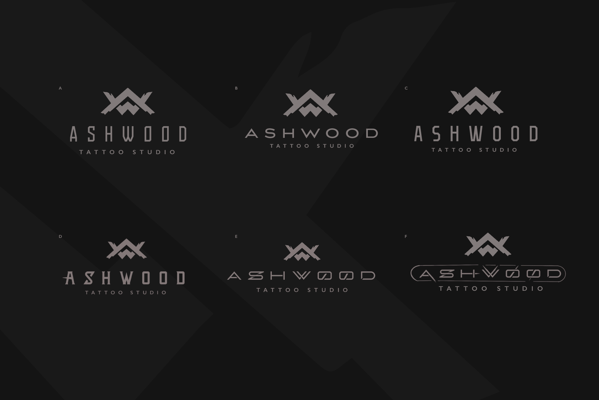 Ashwood Tattoo Studio — six logo lockup variations A–F