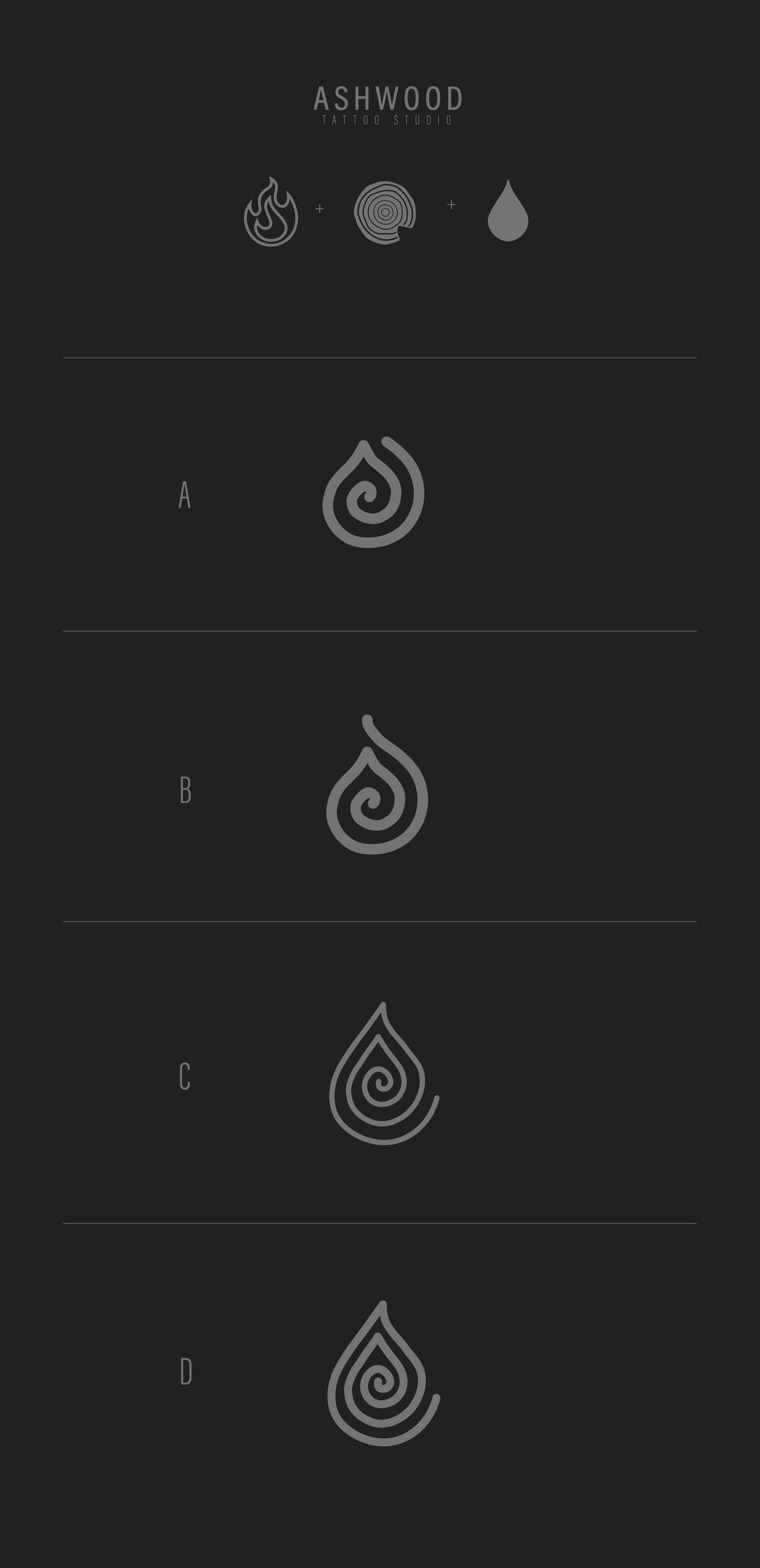 Ashwood Tattoo Studio — flame/wood/drop icon explorations