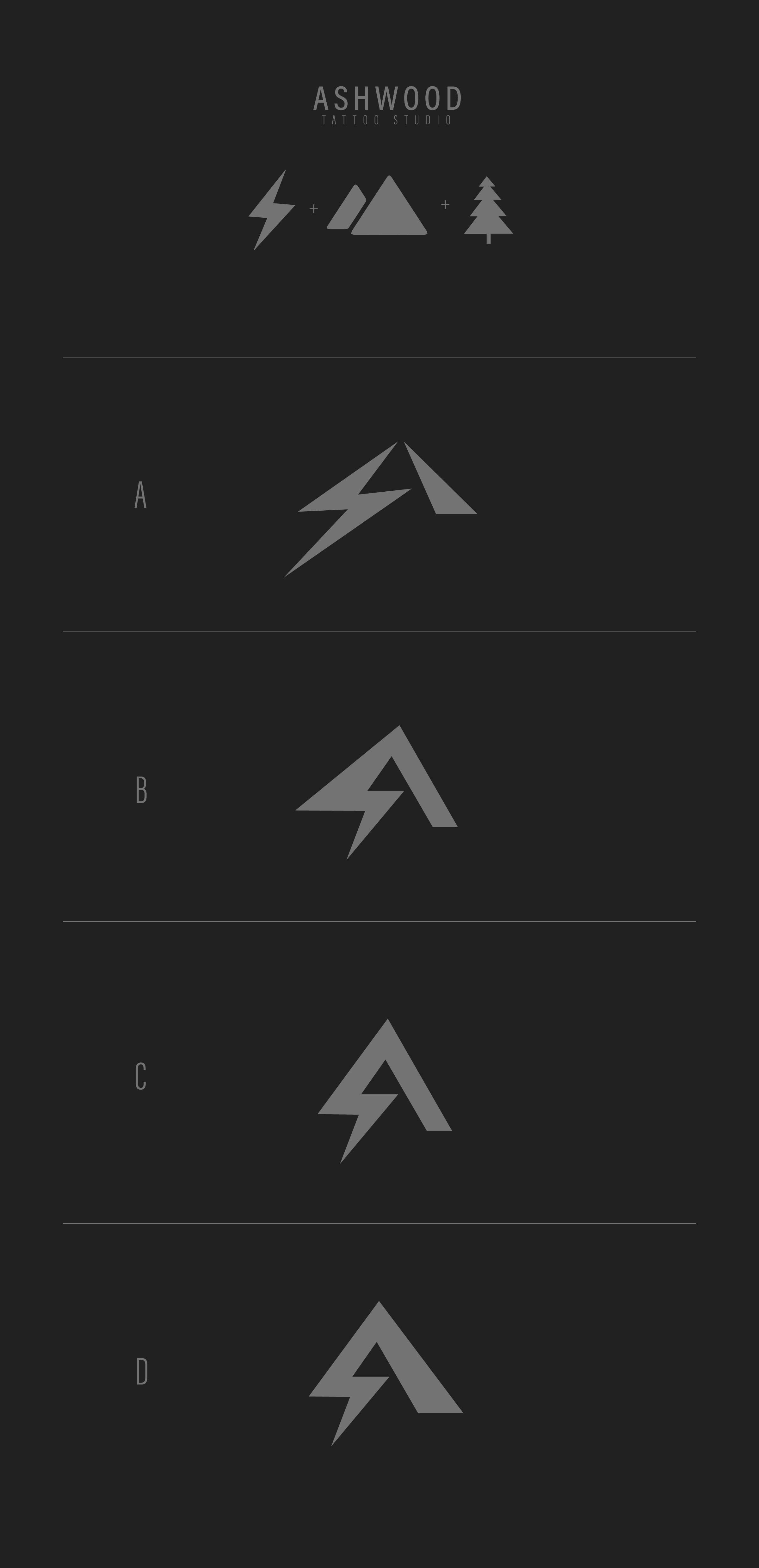 Ashwood Tattoo Studio — lightning/mountain/tree icon explorations