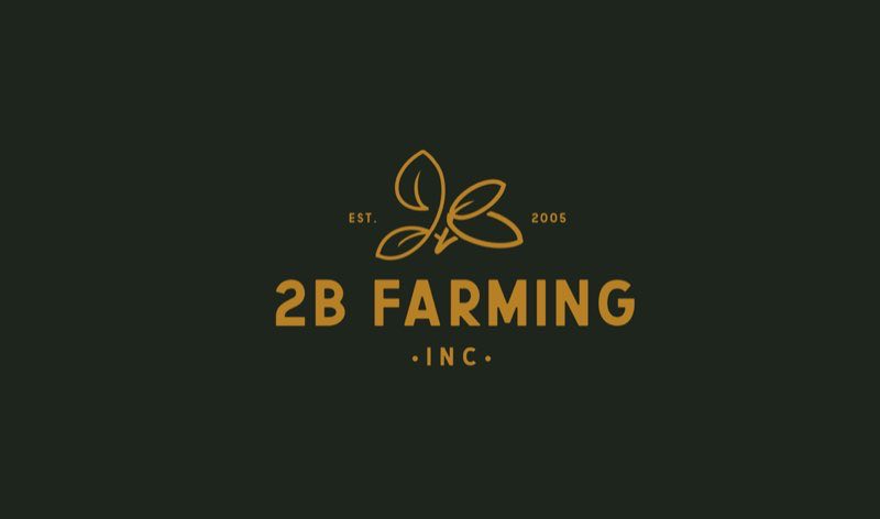 2B Farming logo, gold wordmark on deep green