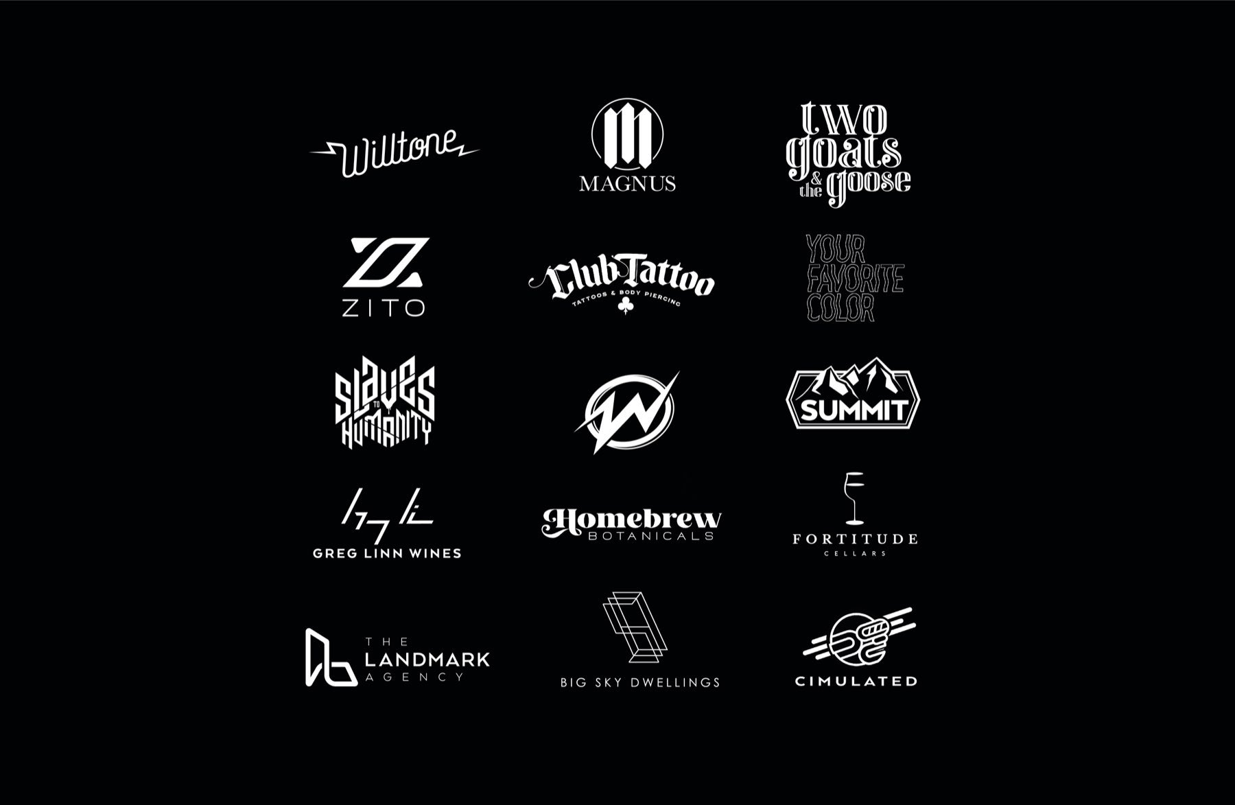 A wall of logo marks designed by Dane Erik Forst