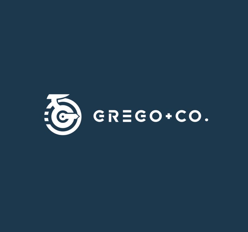 Grego and Co logo, circular monogram on navy