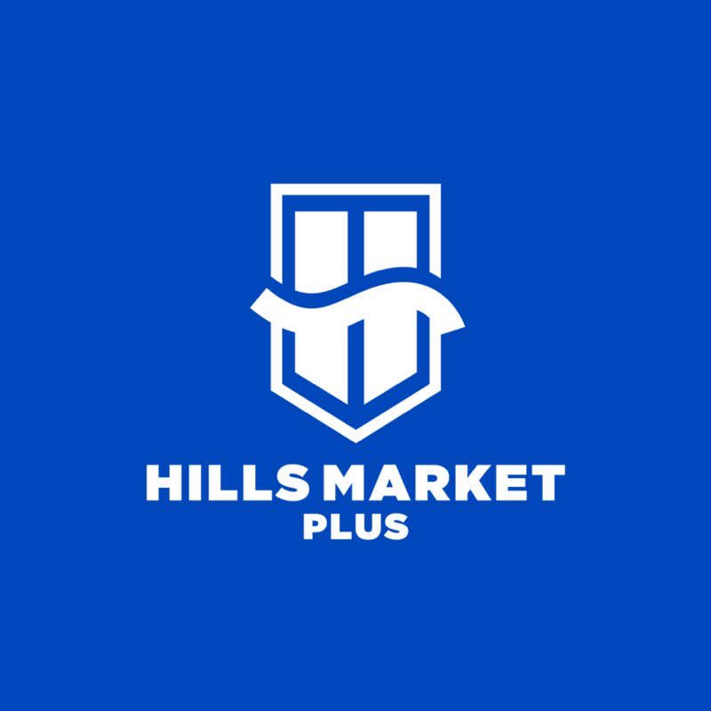Hills Market Plus logo, shield monogram in Pantone blue