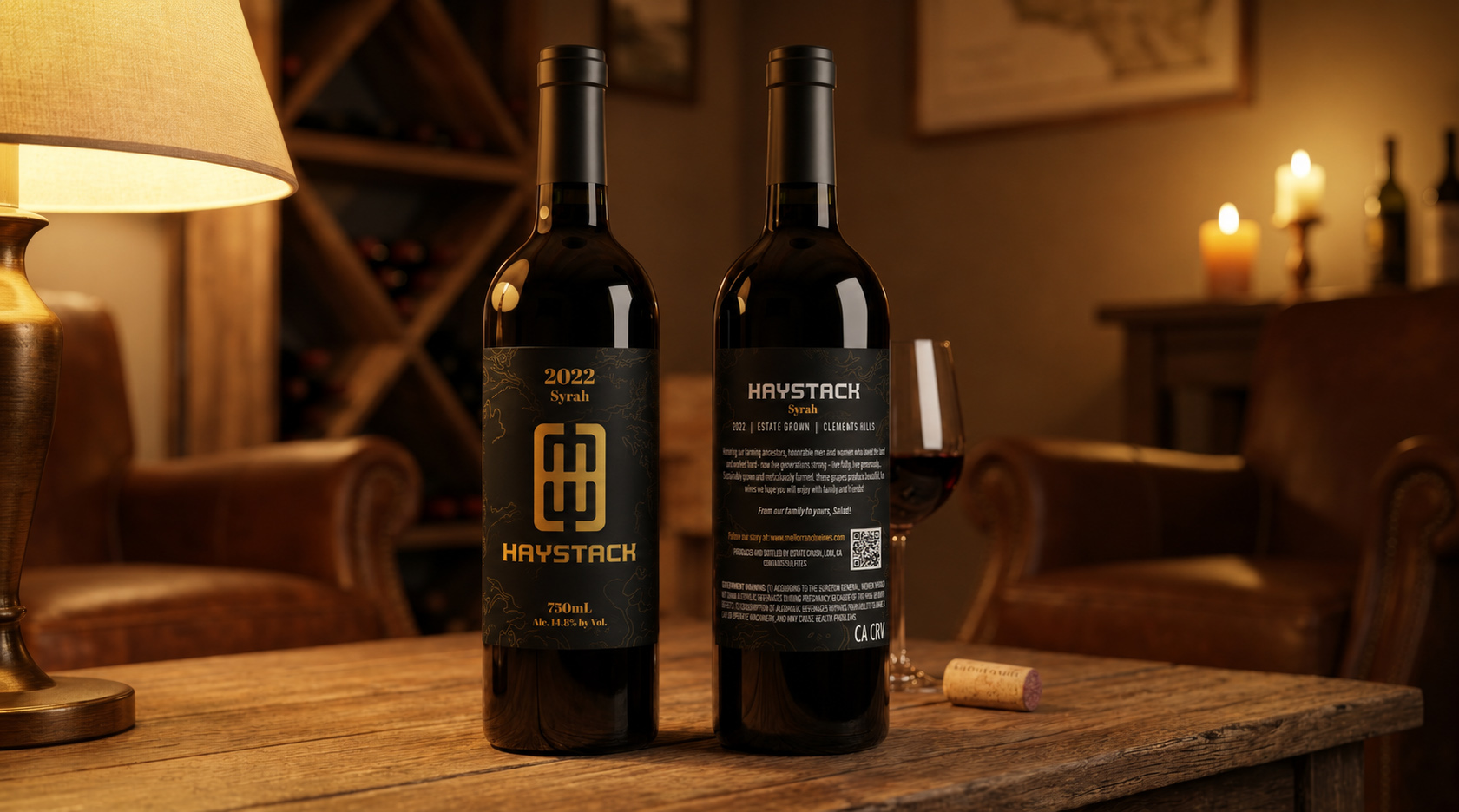 Haystack Syrah front and back labels in a cellar setting