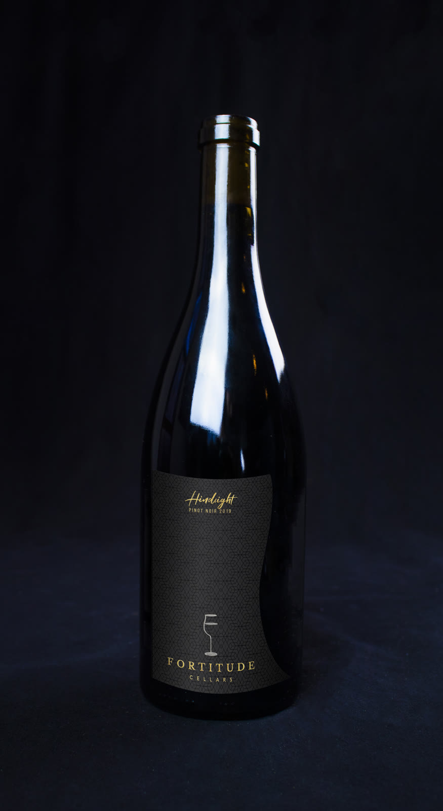 Fortitude Cellars wine bottle, dark label design