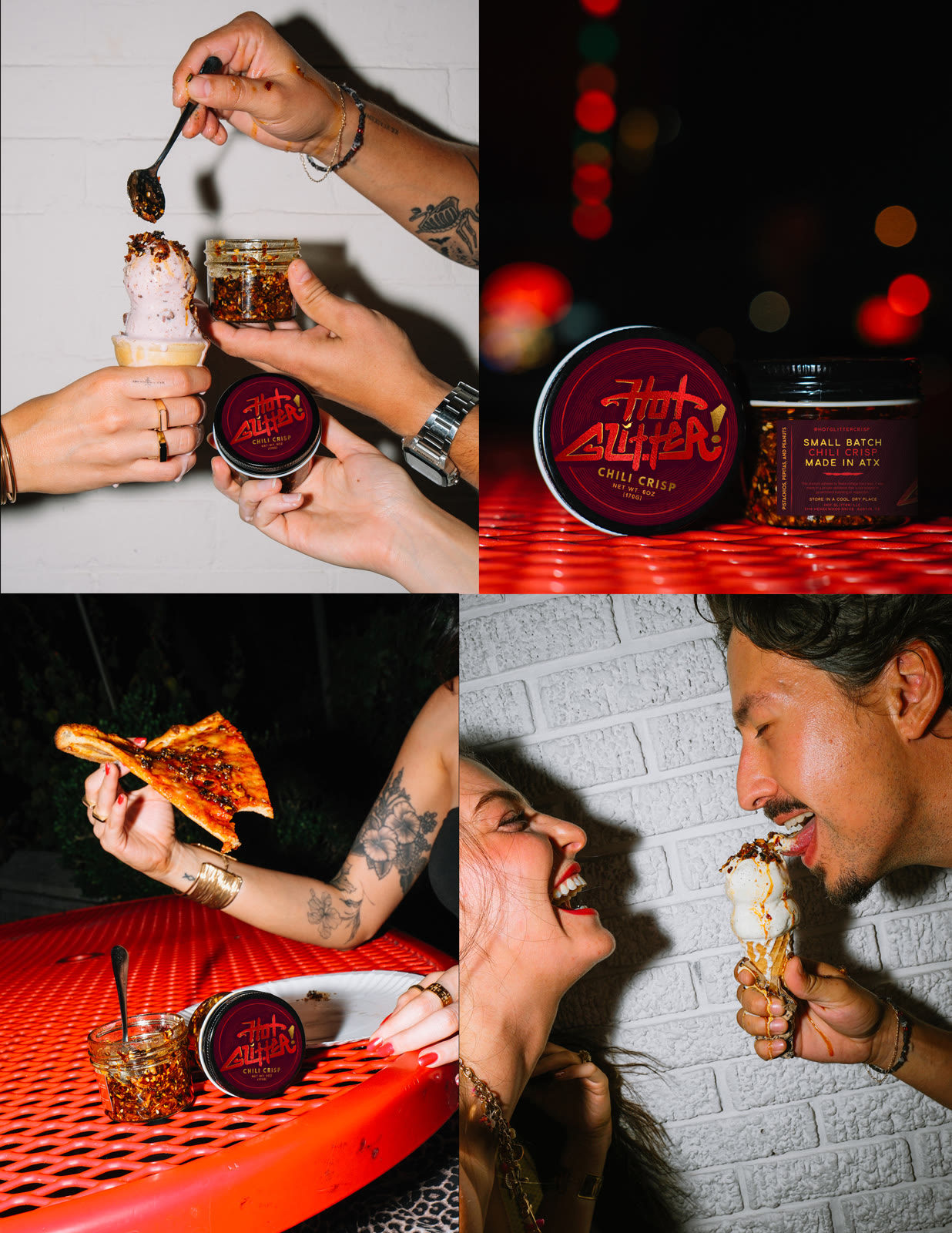 Hot Glitter chili crisp, product and lifestyle photography