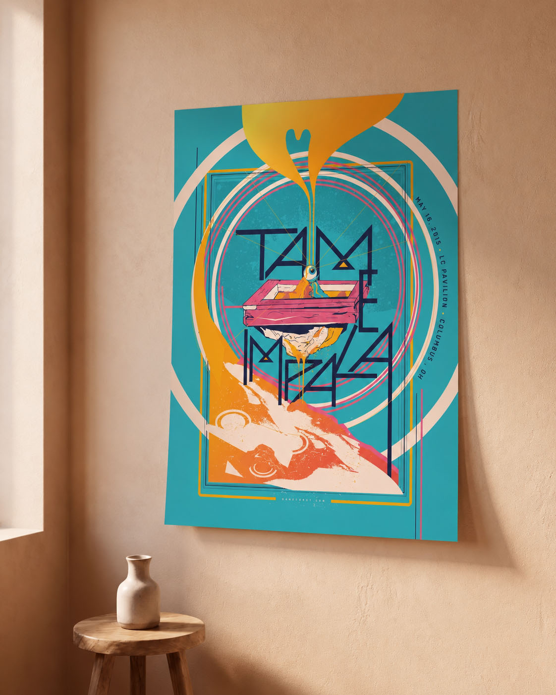 Tame Impala — poster on plaster wall with window light